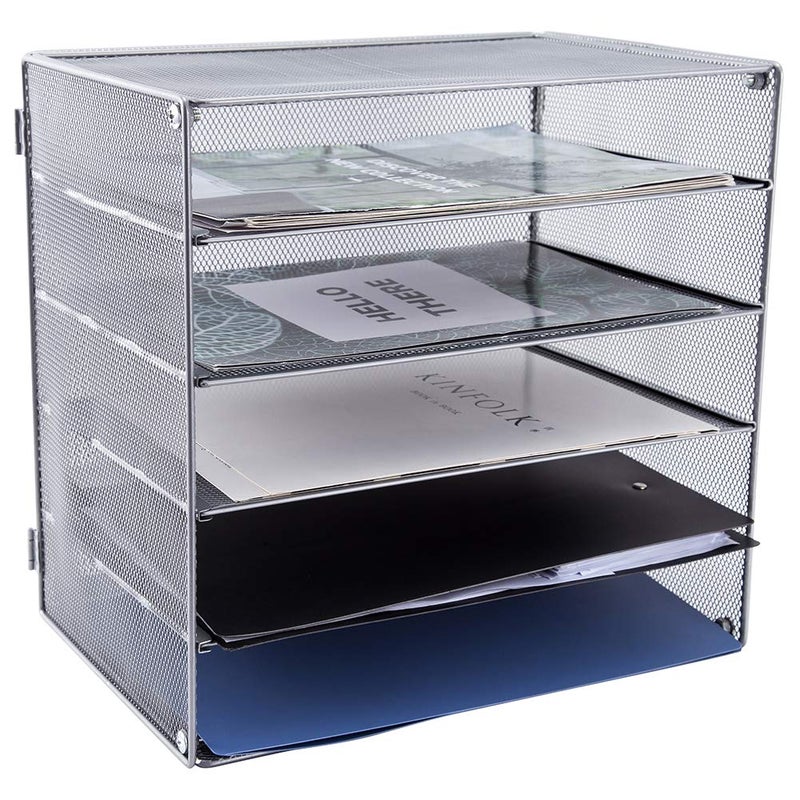 EASEPRES 5 Slot Mesh Desk Organizer Tray, File Paper Letter Folder Holder Desktop Paper Sorter Mail Organization Rack Storage Accessories, for Office Home School Classroom, Silver - Image 2